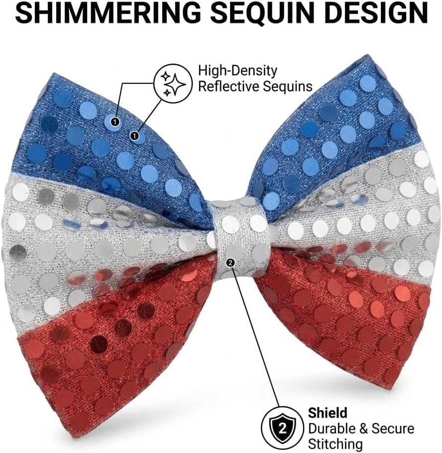 PMU Patriotic Sequin Bowtie, Adjustable Strap, Red White & Blue American Flag Design, 4th July Costume Accessory for Holidays