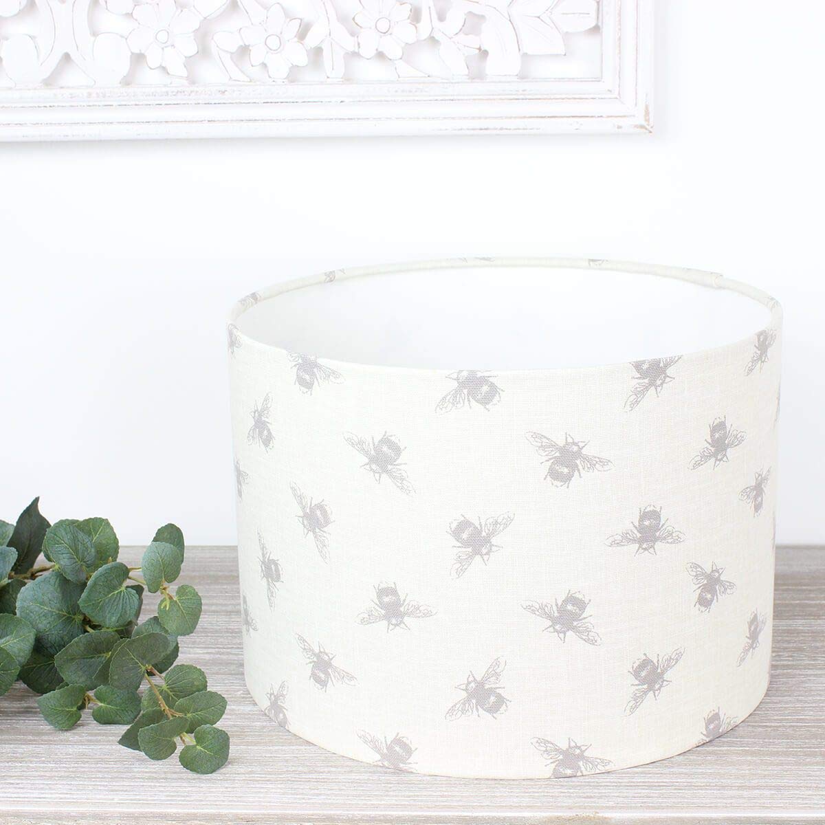 Natural Cream Bee Print Drum Lampshade (White Lining, 30cm Diameter Table/Standard Lamp)