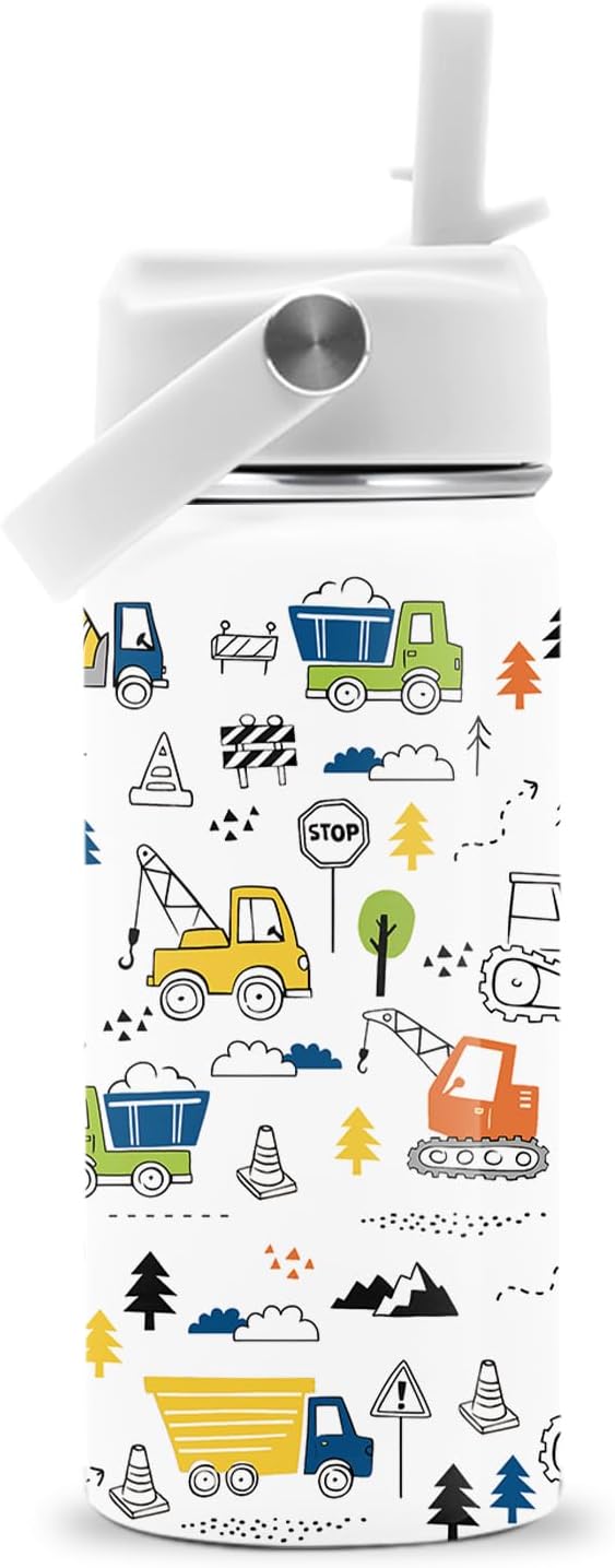 Construction Water Bottle, Birthday Christmas Gifts for Kids Boys, 16 oz Water Bottle with Straw Lid, Stainless Steel Insulated Tumbler, Truck Lovers Gifts