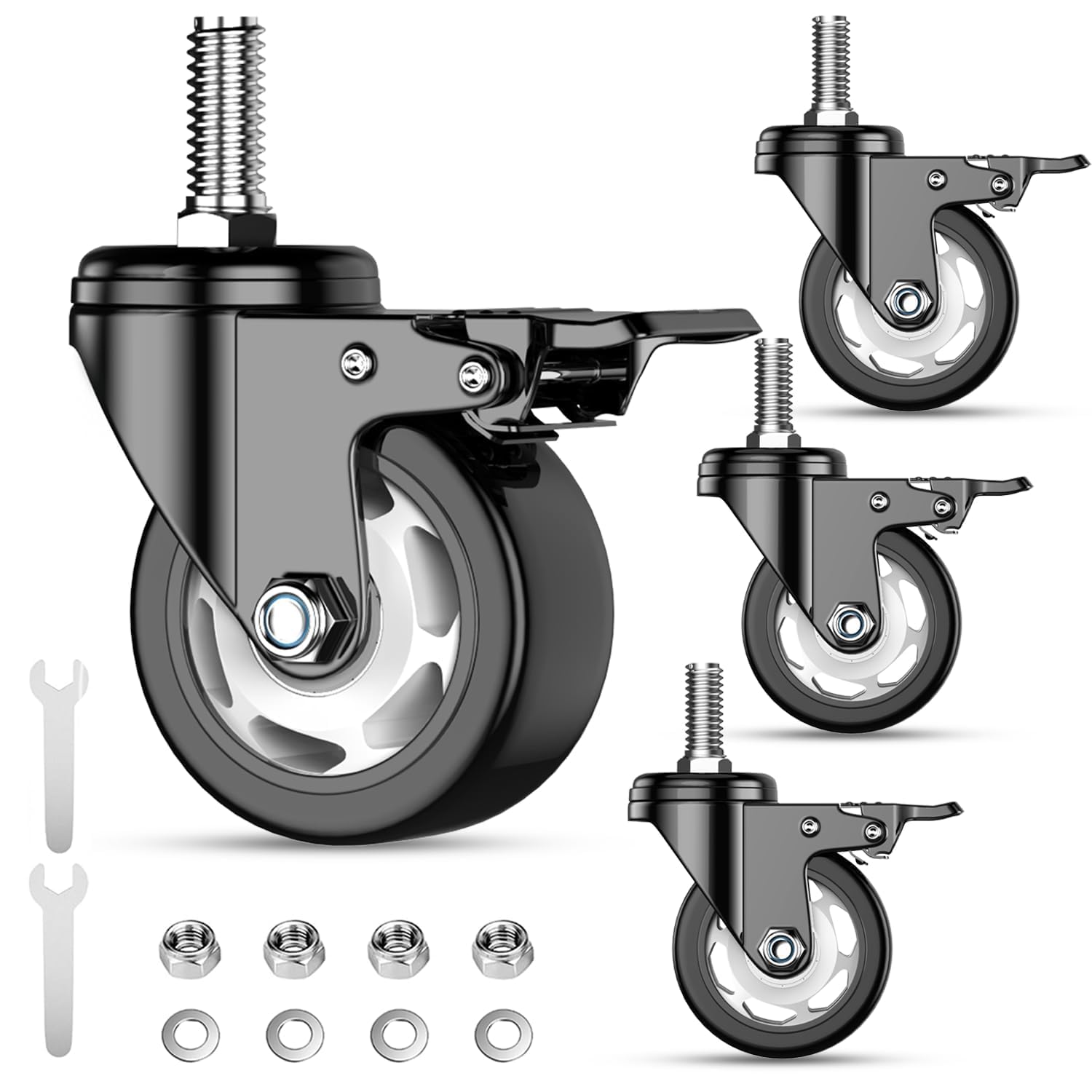 Sohnvwtgd Black+White-3/8"-16X1" 3 Inch Casters Set Of 4, Swivel Stem Casters, 3/8" -16 X 1 (Stem Diameter 3/8", Stem Length 1"), No Noise Industrial Caster Wheels For Cart, Furniture