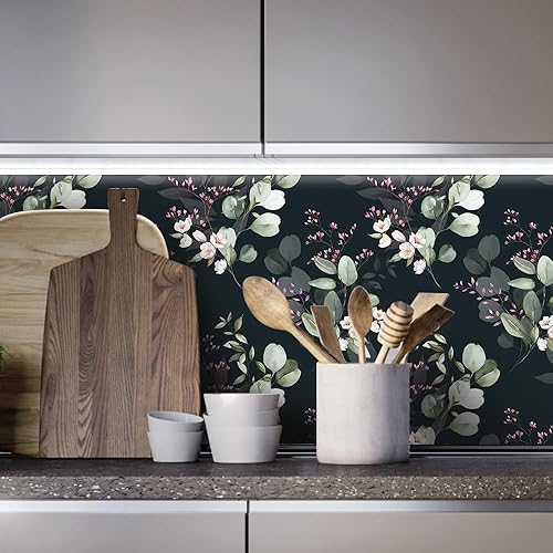 Miniatura 4 de Papel tapiz bohemio para despegar y pegar, papel de contacto de hojas de eucalipto, papel de contacto extraíble, impermeable, floral, oscuro, de