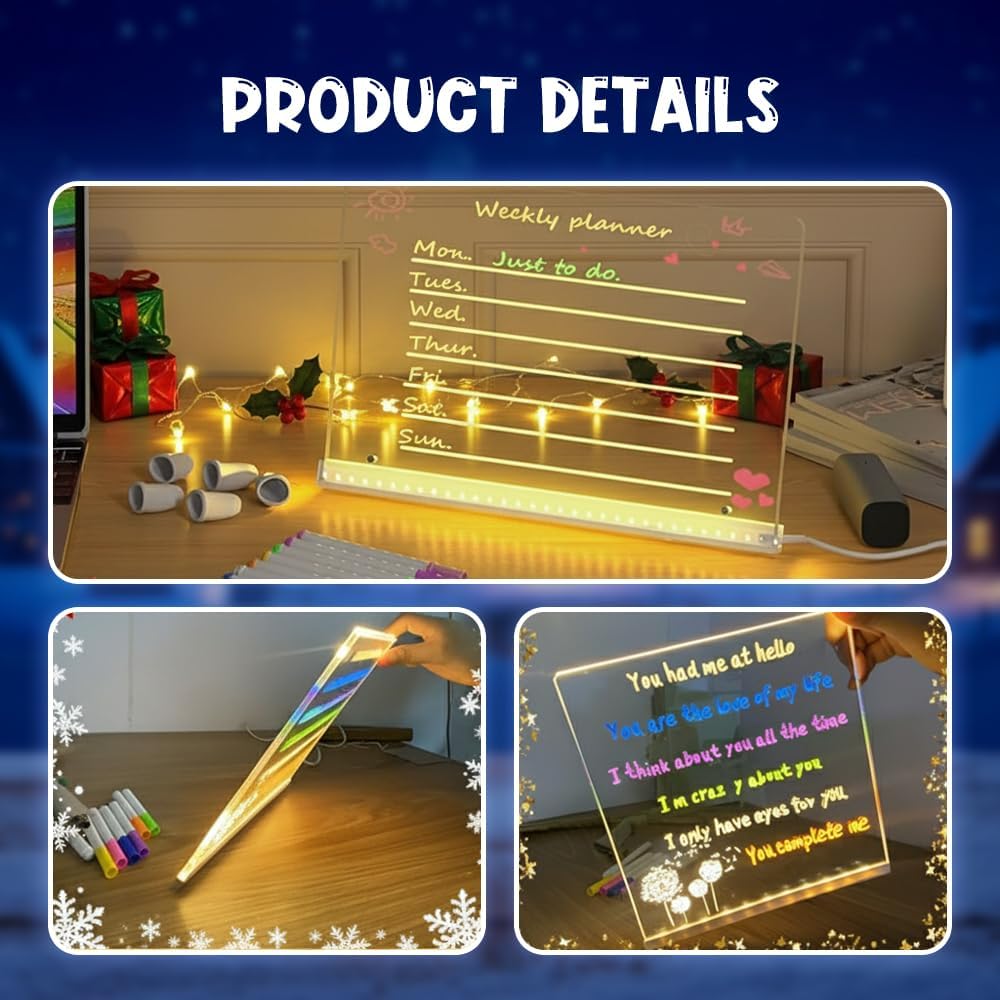 Led Drawing Board, Rechargeable LED Note Board with Colors 12 Markers, Light Up Acrylic Dry Erase Board with Stand for Office/Home Christmas Decor/Gifts (White, 7.8x7.8in)