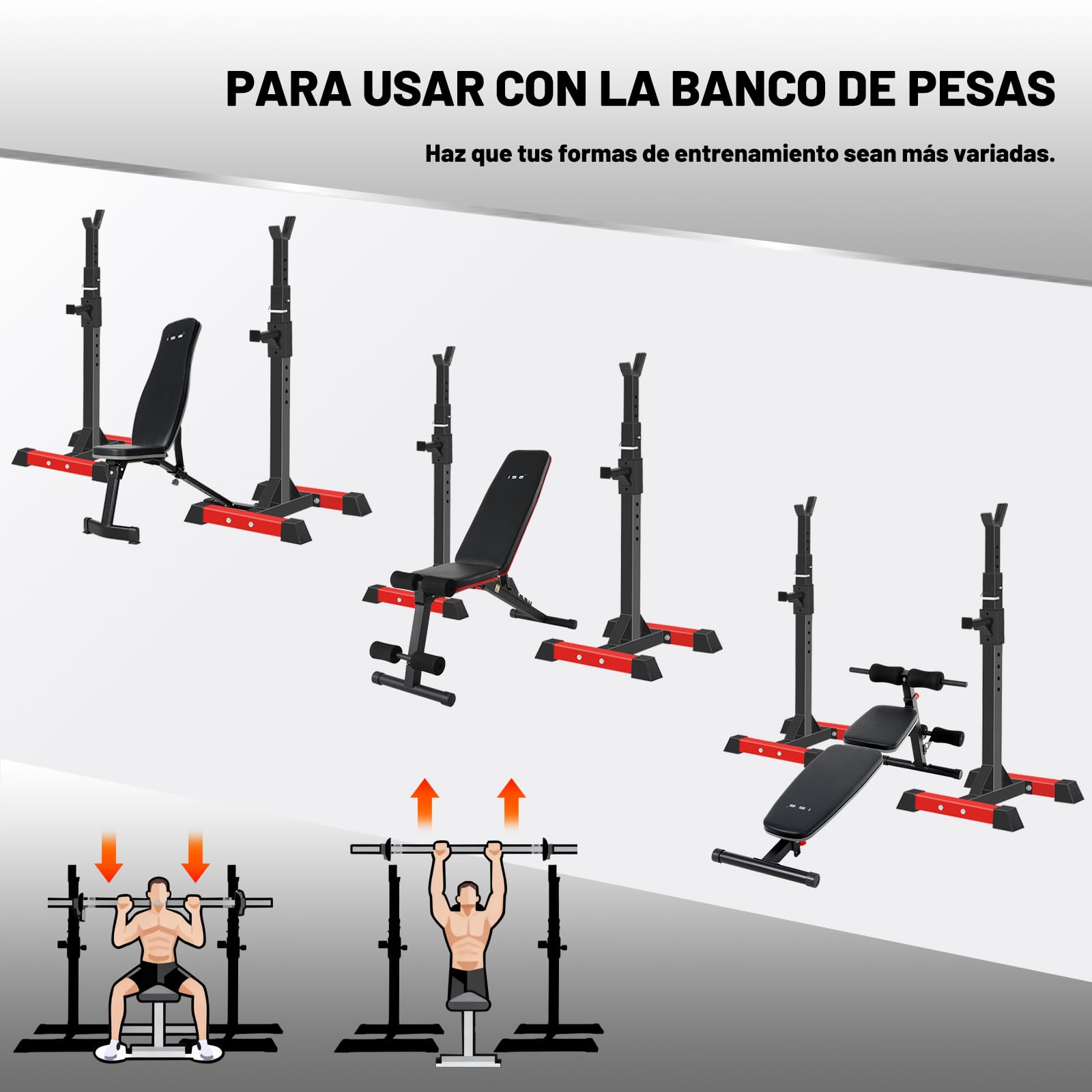 ISE Soporte Barra Pesas ajustable, Soporte Pesas Barra, Rack Sentadillas y Press Banca Squat Rack Stand Gym para Fitness, Soporte Para Pesas de Levantamiento Gimnasio para Banco de Peso, Máx 200kg