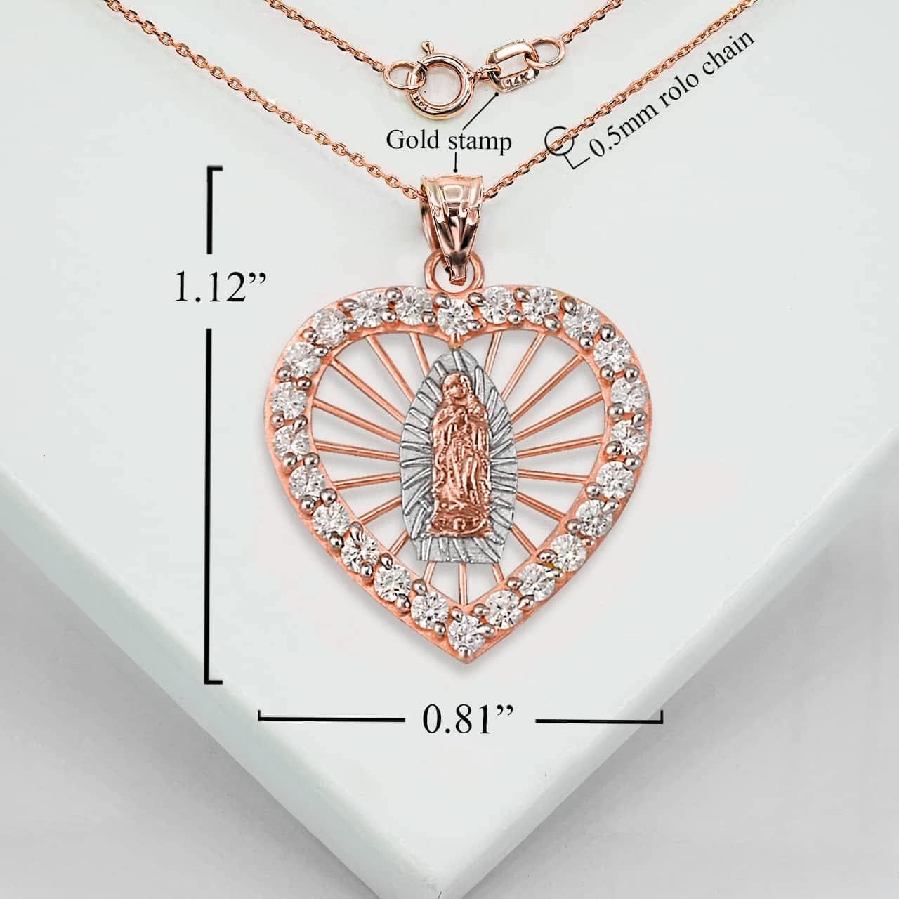 14K Two Tone Rose & White Gold 1-1/8" Our Lady of Guadalupe Immaculate Conception CZ Heart-Shaped Pendant Necklace - Choose Pendant Only or Necklace w/ 16”-22” Chain