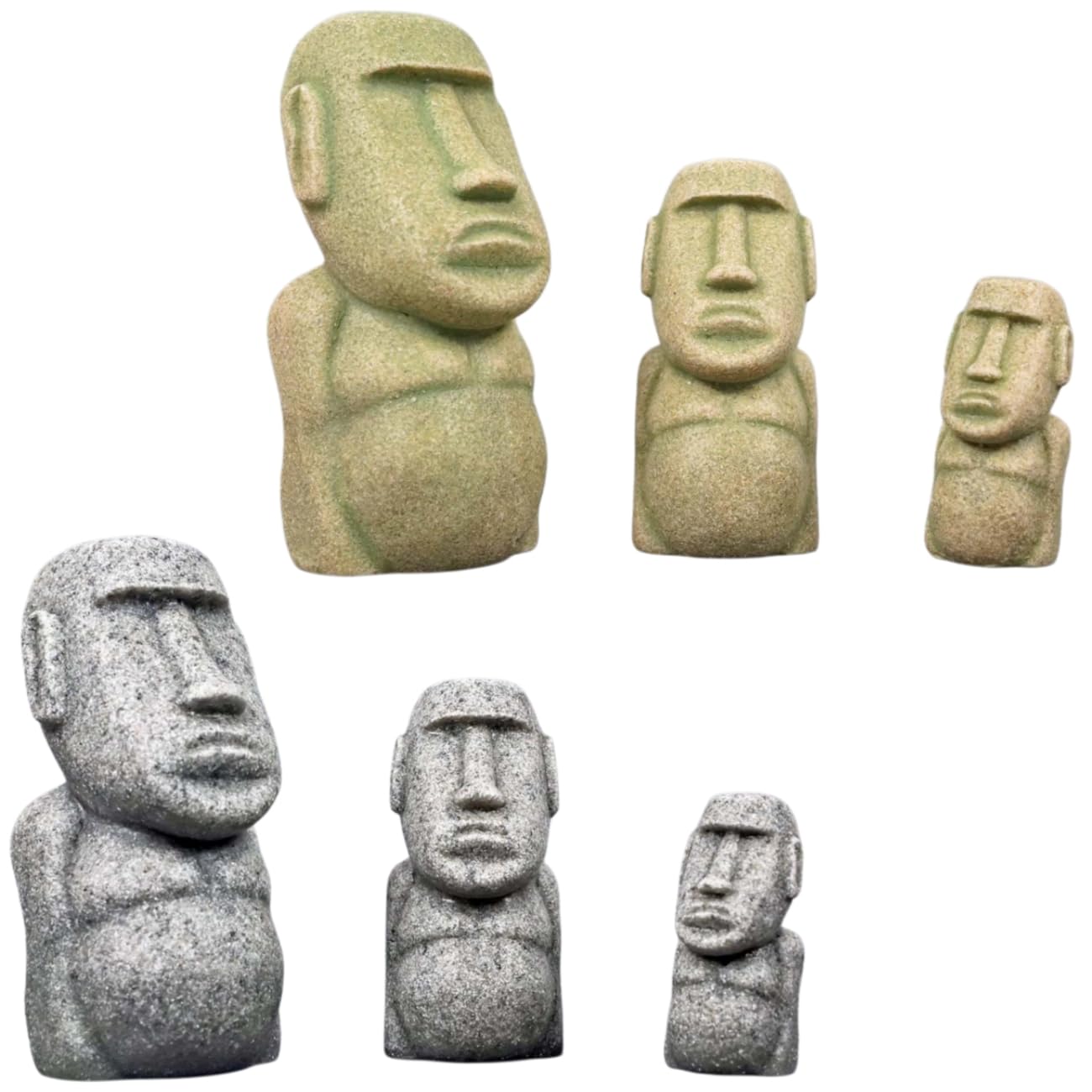 Moai Figuren 3er-Set, Sandstein-Harz Steinoptik – Aquarium & Tischdeko, Groß Mittel Klein (1x Steingrau + 1x Moosgrün)