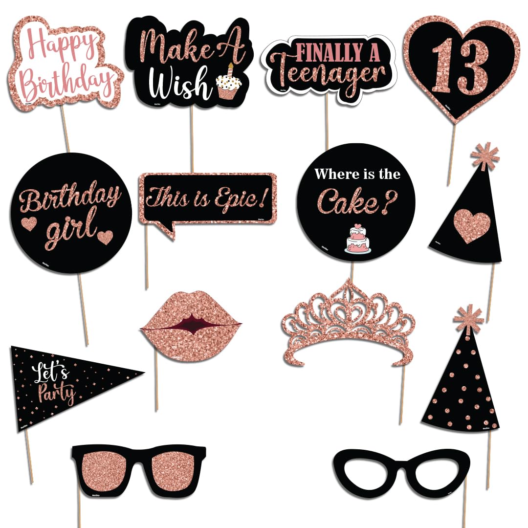 Festiko® 14 Pcs 13th Birthday Photo Booth Props – Black & Rose Gold Party Props for Teen Birthday, Make a Wish, Finally Teenager – Birthday Celebration Party Supplies for Boys & Girls