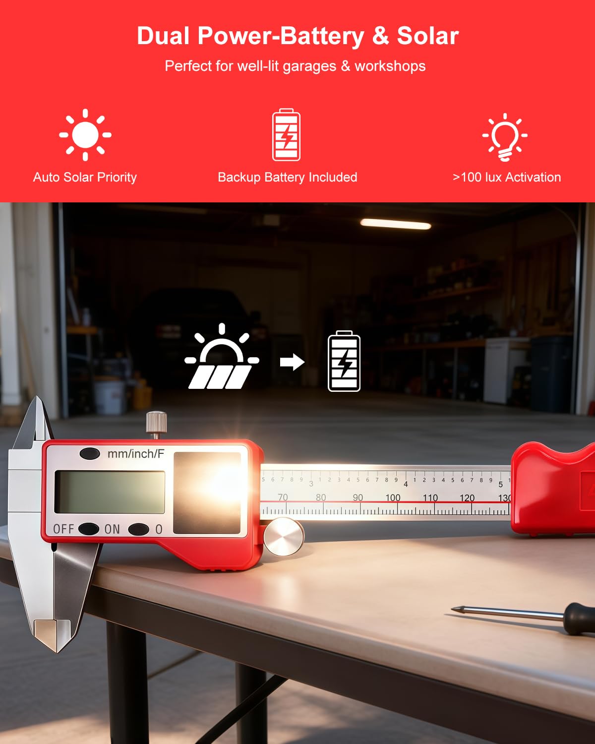 GODESON Calibrador digital alimentado por energía solar, calibradores digitales de 6 pulgadas con precisión de 0.000 pulgadas, acero inoxidable, 3 unidades/mm/fracción, 5 modos incluyendo diferencial