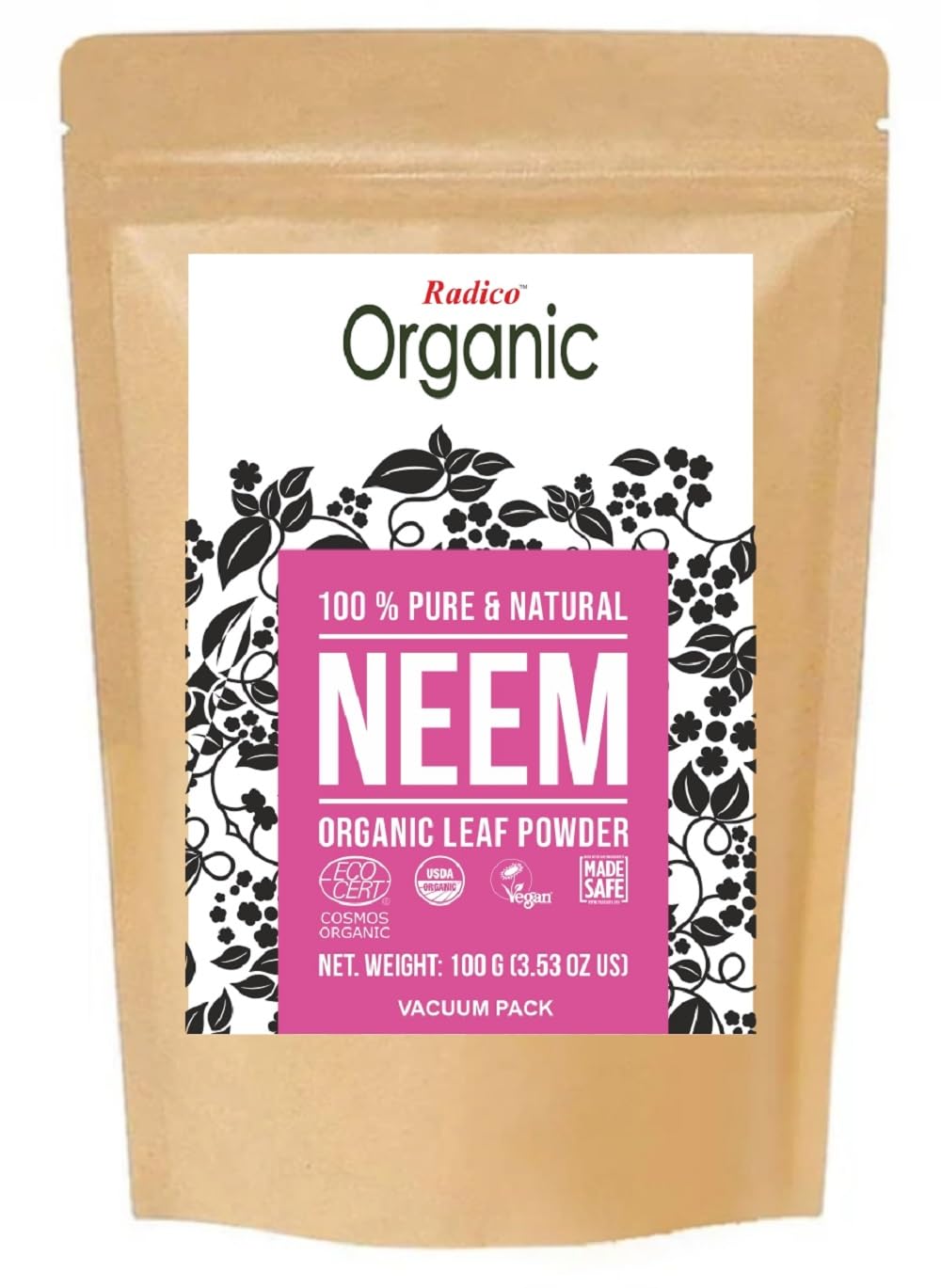 Radico | 100% Organic Neem Leaf Powder | Haarreinigung und Haarpflege | Antibakteriell | Gegen fettige Kopfhaut und Schuppen | Ayurvedische Haar Kräuterpackung | Vegan | 5 x 100 g