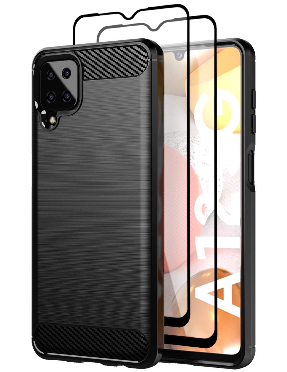TeayohaCase for Samsung Galaxy A12 5G, with Tempered Glass Screen Protector [2 Pack], Carbon Fiber Scratch Resistant, Shock Absorption Soft TPU Drawing Protective Cases Phone Cover - Black