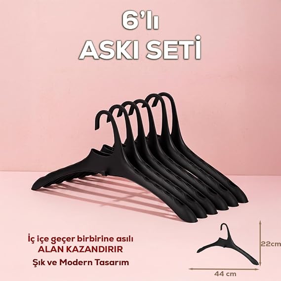 Porsima Harmoni 6 Adet Dolap Içi Düzenleyici Organizer İç İçe Geçen Askı Tişört Gömlek Elbise Askısı Siyah