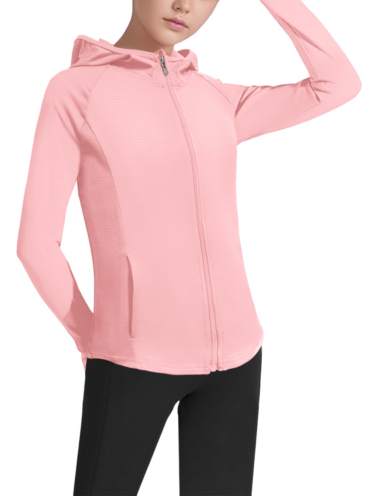 Leichte Jacke für Mädchen, langärmelig, Reißverschluss, athletischer Kapuzenpullover, LSF 50+, Angeln, Wandern, Sonnenschutz