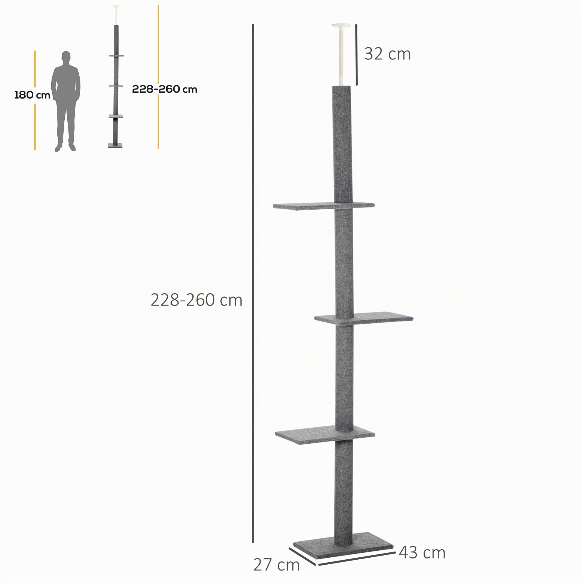 PawHut Arbre à Chat du Sol au Plafond dim. 43L x 27I x 228-260H cm Gris