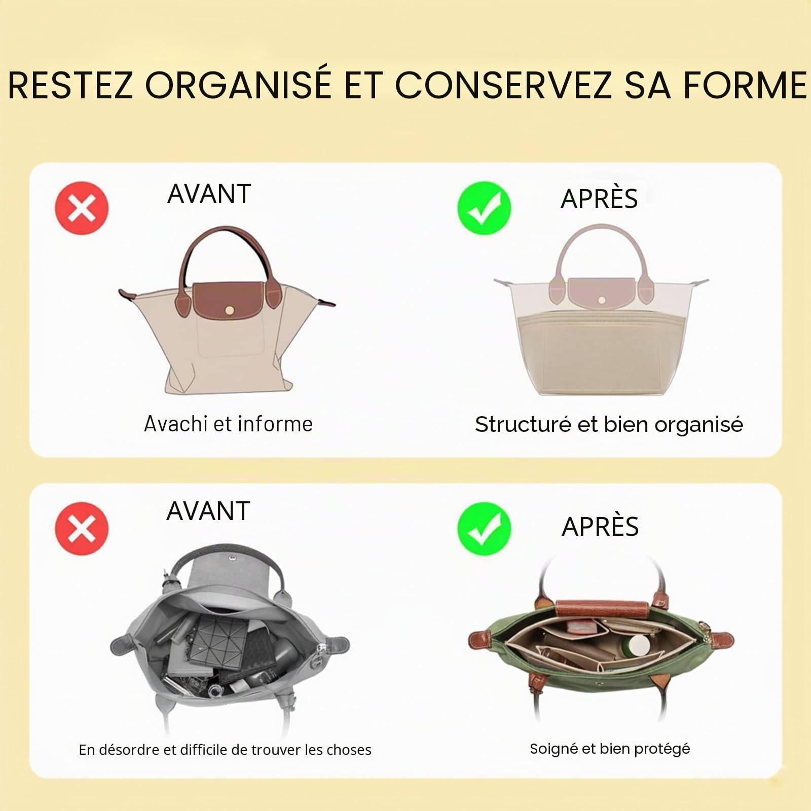 Organisateur de Sac en Feutre avec Plusieurs Poches, Insert de Sac à Main Léger avec Poche Zippée, Organisateur pour Tote Bag, Beige, L