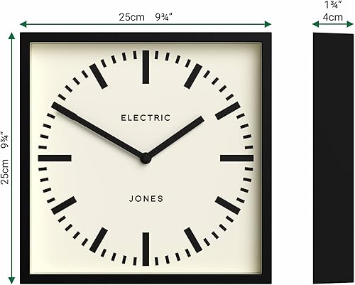 Miniatura 4 de JONES CLOCKS Reloj de pared Box Railway  Reloj de estación cuadrada  10 pulgadas  Negro  Aspecto de diseñador genial para cocina, sala de estar u