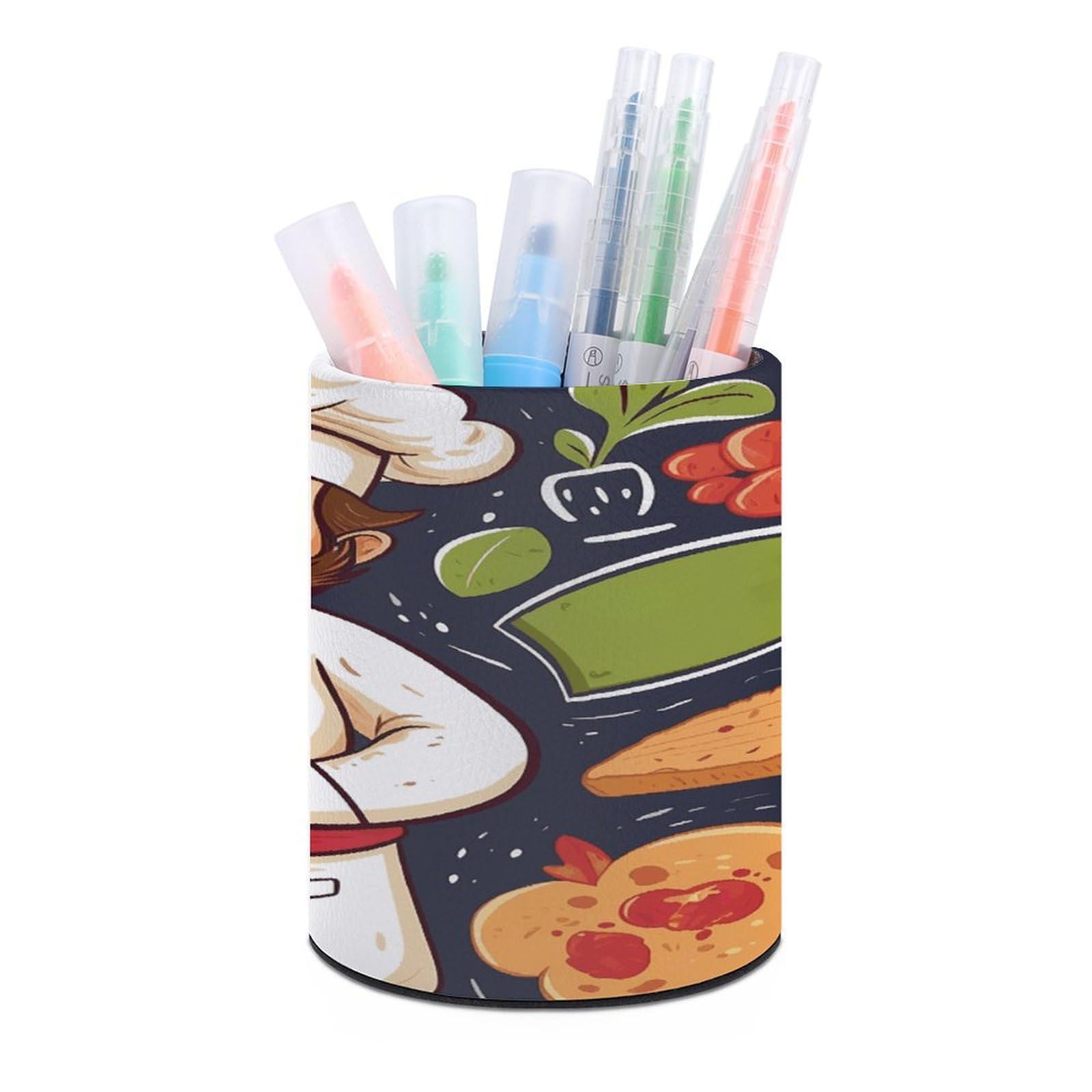 FekiLoot Chef Pizza Pen Holder Cup Fashion PU Leather Pencil Cup Minimalist Pen Organizer Round Pencil Holder Stand Work Locker Accessories for Decoration Desk Office Home