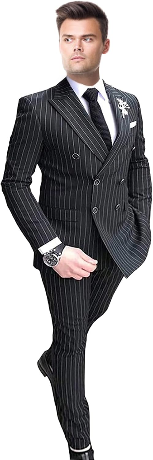 Men's 3 Piece Pinstripe Suit Slim Fit Double Breasted Blazer Pants for Business Wedding