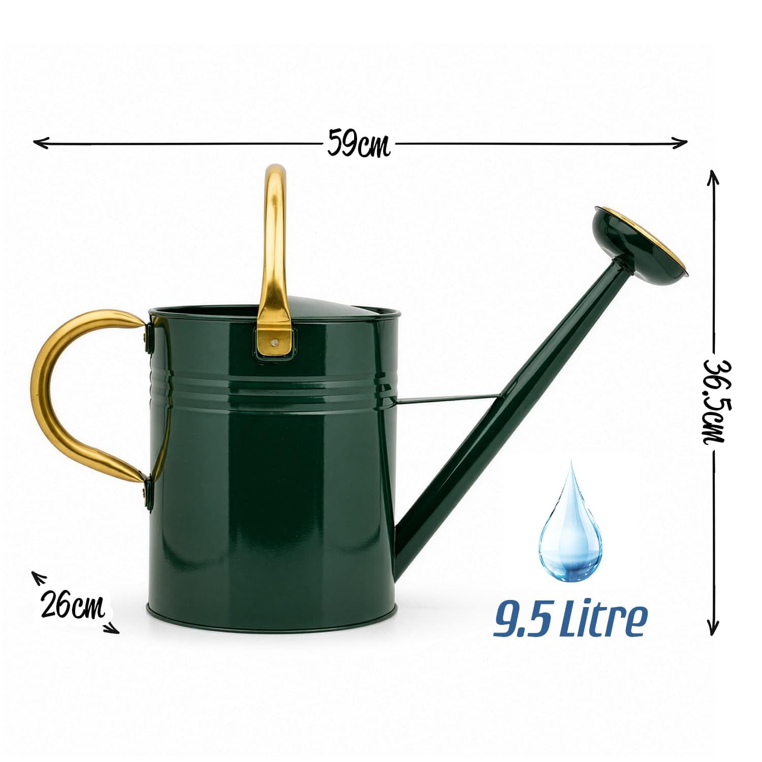 CKB LTD Annaffiatoio da esterno, grande, 9,5 l, in acciaio zincato di colore verde scuro, con rosa rimovibile e manico regolabile per grandi piccoli giardini, fiori e piante, resistente
