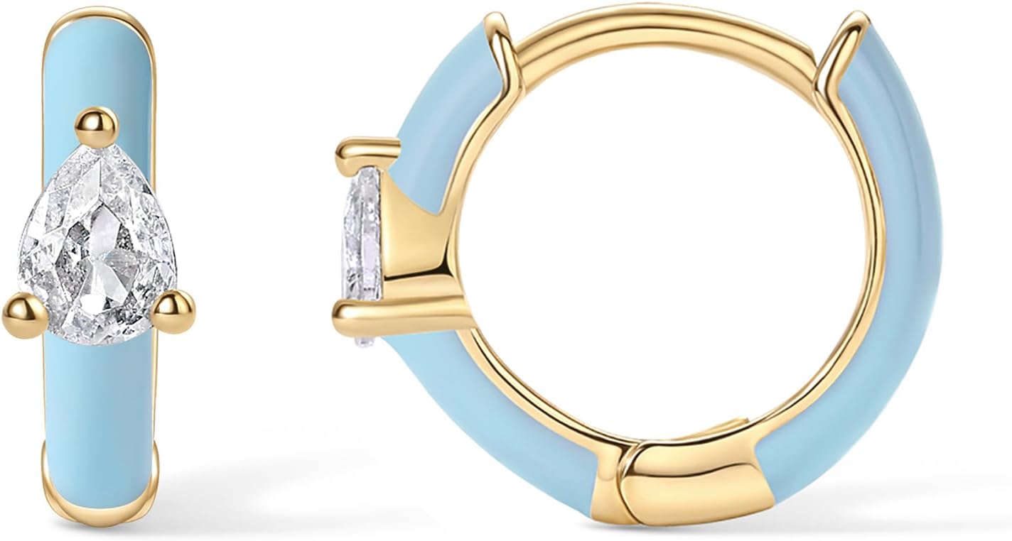 PAVOI 14K Gold Plated Sterling Silver Posts Enamel Earrings for Women | Colored Enamel Cubic Zirconia Huggie Hoop Earrings | Blue Pink Purple White Enamel Jewelry