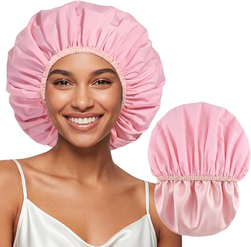Touca de banho extra grande Supaze com forro de cetim, dupla camada e borda elástica – Rosa