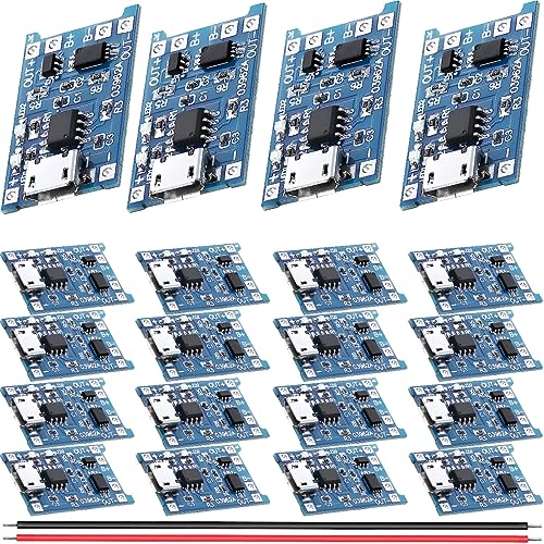 Youmile 20 piezas Módulo de carga de batería de litio 5V 1A Módulo de carga 18650 Placa de cargador de batería de litio Micro USB con función de protección con cable rojo y negro 26AWG