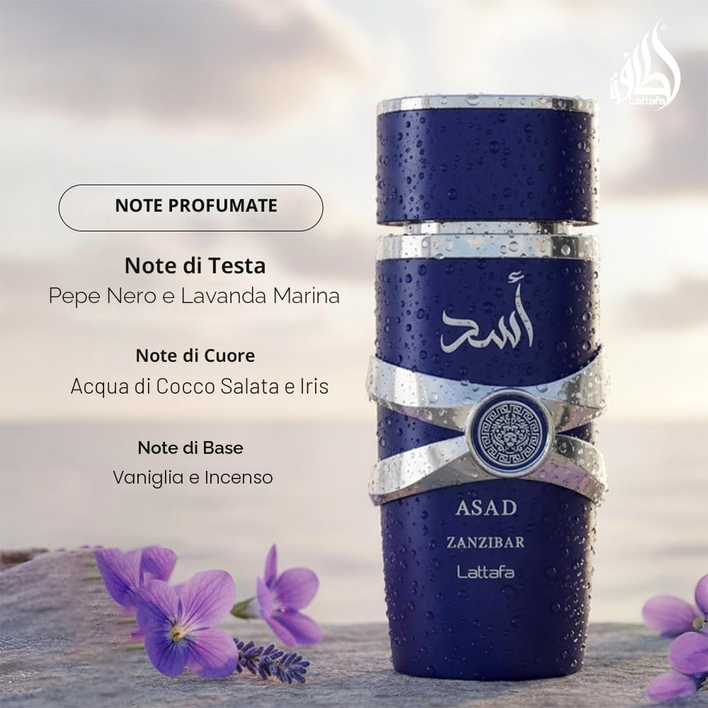 Asad Zanzibar Edp 100Ml, fragranza in eau de parfum dal carattere deciso, perfetta quando si desidera una scia intensa e duratura, flacone da 100 ml studiato per inserirsi con naturalezza nello stile