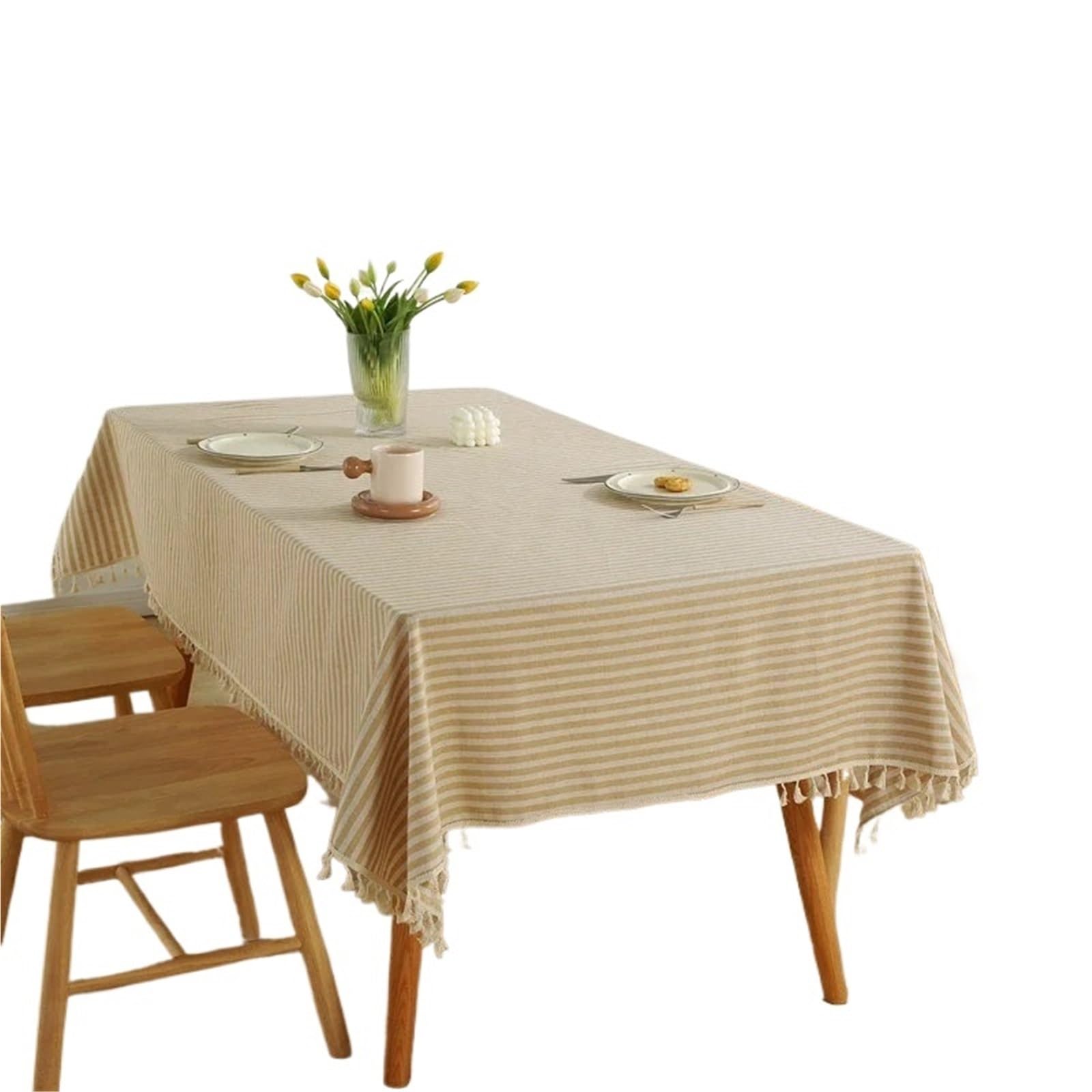 FonHNDG Striped Tablecloth Cotton Linen Table Cloth Stripe Tassel Rectangle Tablecloth Dust-Proof Cover For Kitchen Dinning Tabletop Decoration(Beige,140x180cm)