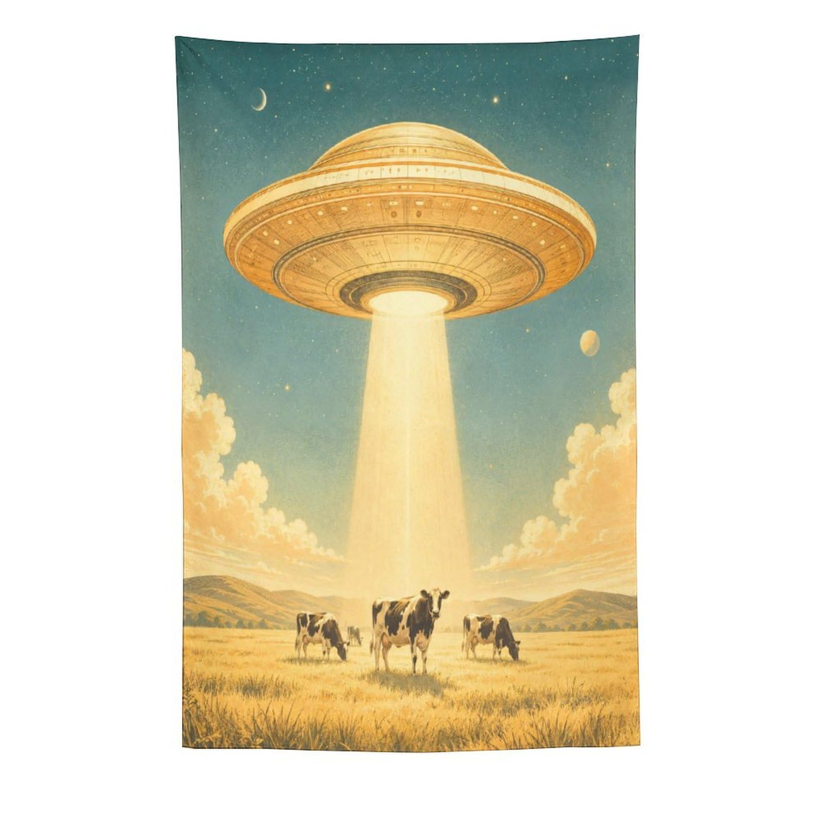 H3B8U2Y5 UFO Cattle Wheat Field Wall Tapestry, Oil Painting Style