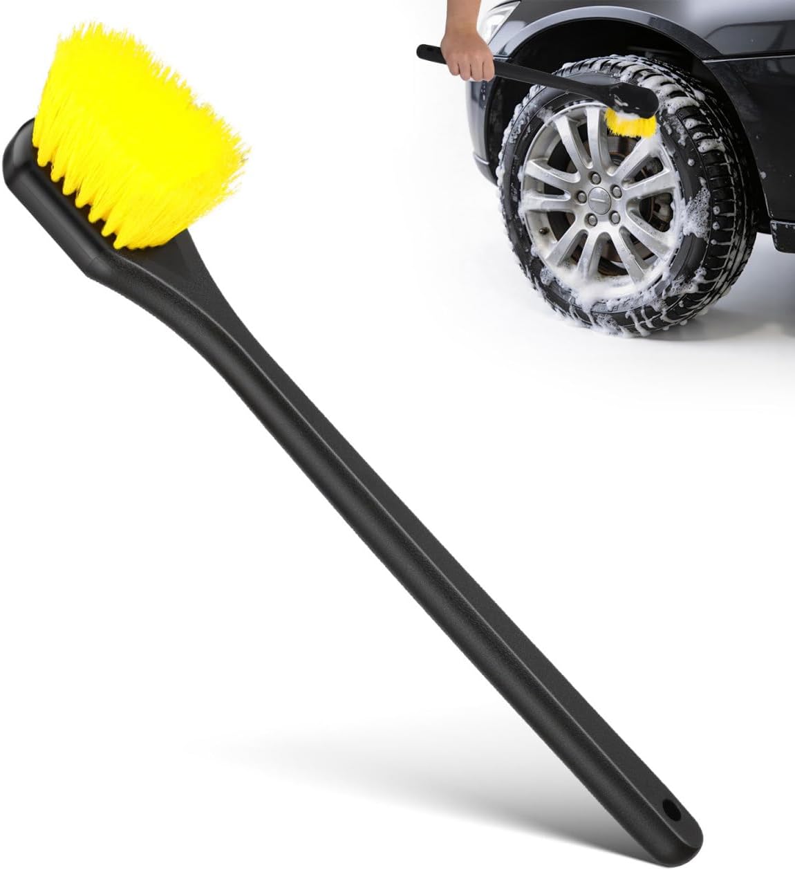 FOMIYES Car Wheel Cleaning Brush for Rims and Tires, Long Handle Hard Bristle Tire Scrub Brush, Automotive Detailing Tool for Truck and Car Wheel Care
