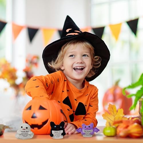 Miniatura 4 de Paquete de 4 juguetes de lana de punto para Halloween con tarjeta positiva, muñecas de ganchillo para fiestas de Halloween, bolsas de golosinas,