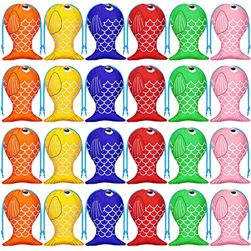 Shappy Fishing Party Favor Drawstring Bags - Fish Themed Gift for Little Fisherman - Candy Goody Treat Bag for Kids Girl Boy (Cute, 24 Pieces)