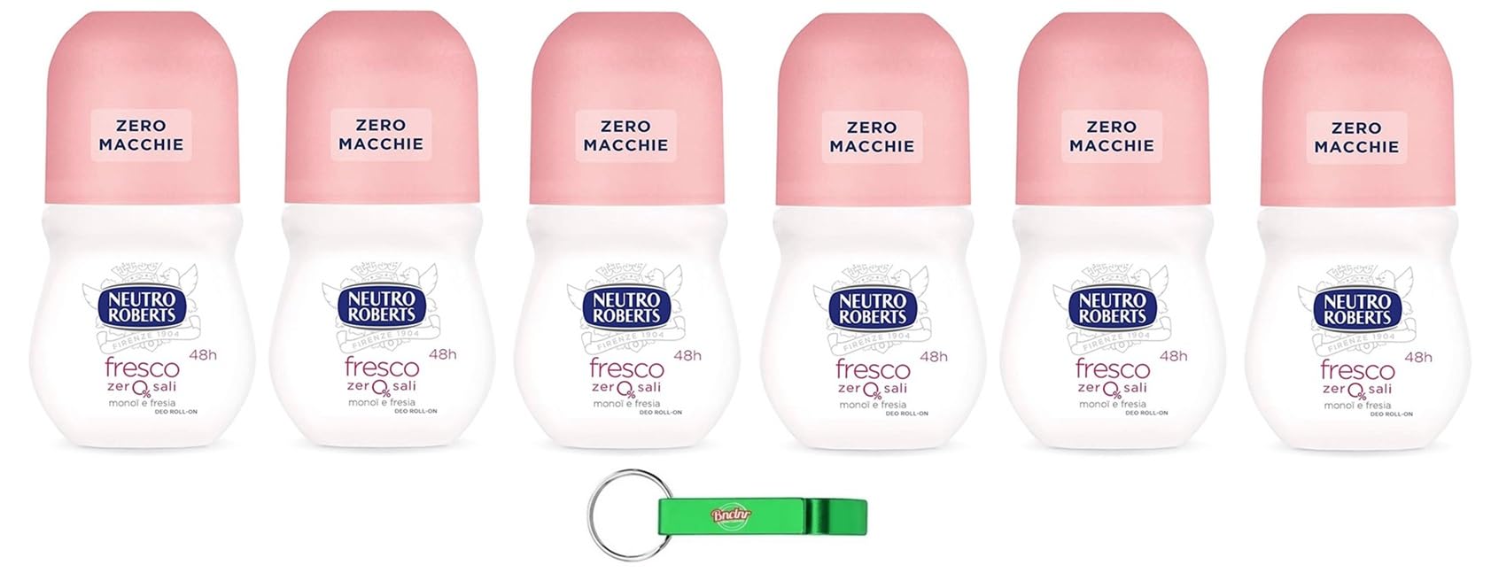 6 X Neutro Roberts, deodorante Roll On Fresco, senza sali di alluminio, senza macchie, profumo di monoi e fresia, deodorante unisex, 50 ml + portachiavi Beni Culinari