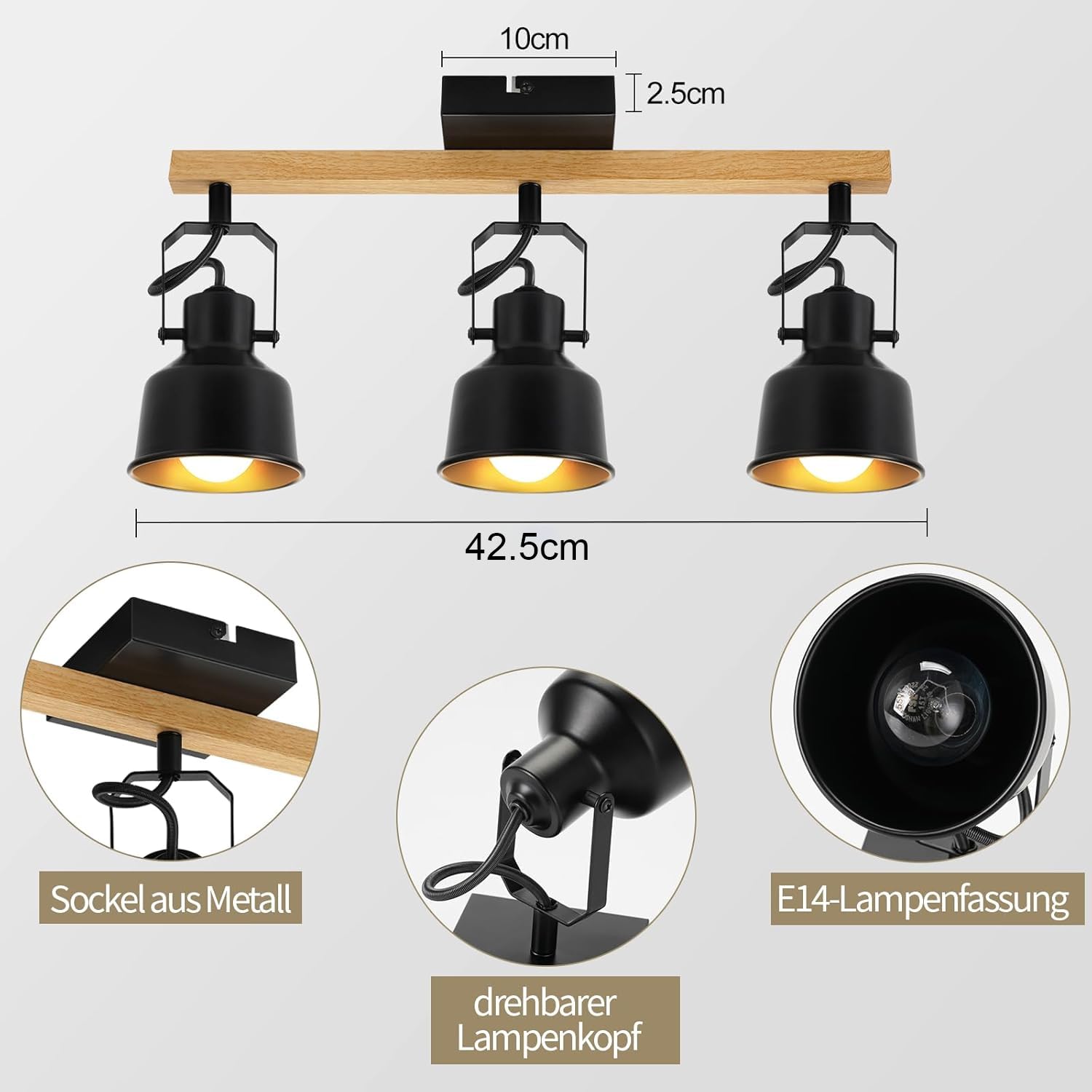 Lámpara de techo vintage negra 3 llamas giratoria 350° E14 25W industrial con vetas de madera
