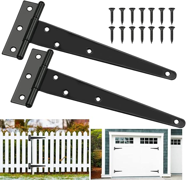 PERFETSELL 2 PCS 300mm T Hinges Black Metal Tee Hinges Shed Hinges Heavy Duty T Strap Hinges Rustproof Garden Gate Hinges Fitting with 14 Screws for Gate Hardware, Shed Doors, Barn Doors (12 Inch)