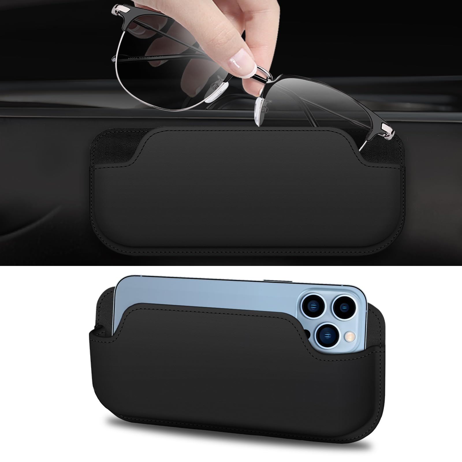 Sunglass Holder for Car, Multi-Functional Stick-On Glasses Storage Box, Seat Gap Organizer with Small Item Storage, Universal Fit for All Vehicles (Black Leather)