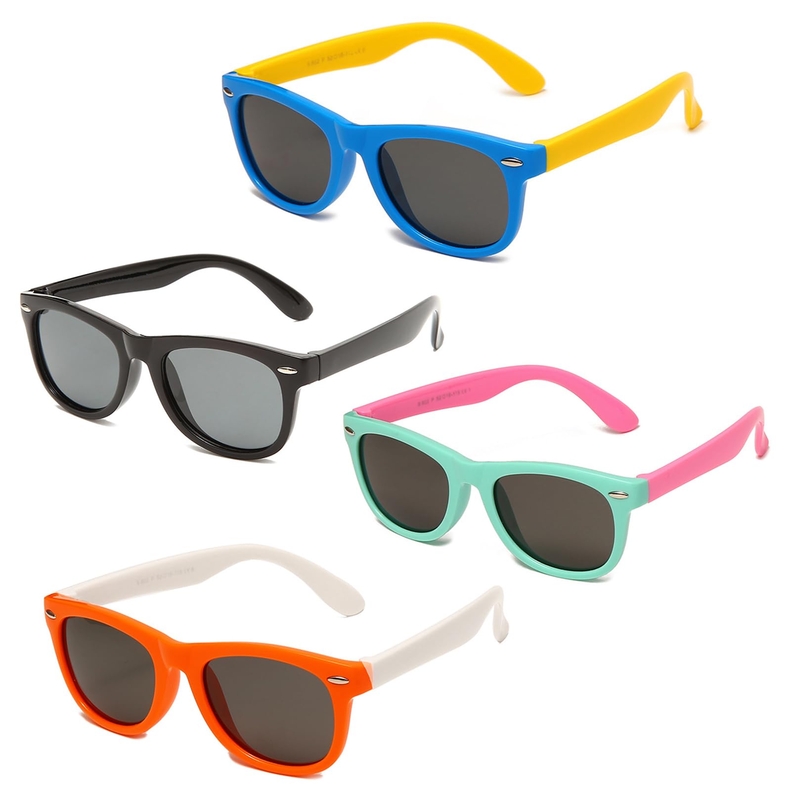 FVIZALToddler Sunglasses,4 Pairs Colored Frame Sunglasses, Stylish Kids Polarized Sunglasses with Grey Lenses Elastic Rubber for Boys Girls Protective Eyewear for Party Outdoor Beach Activities
