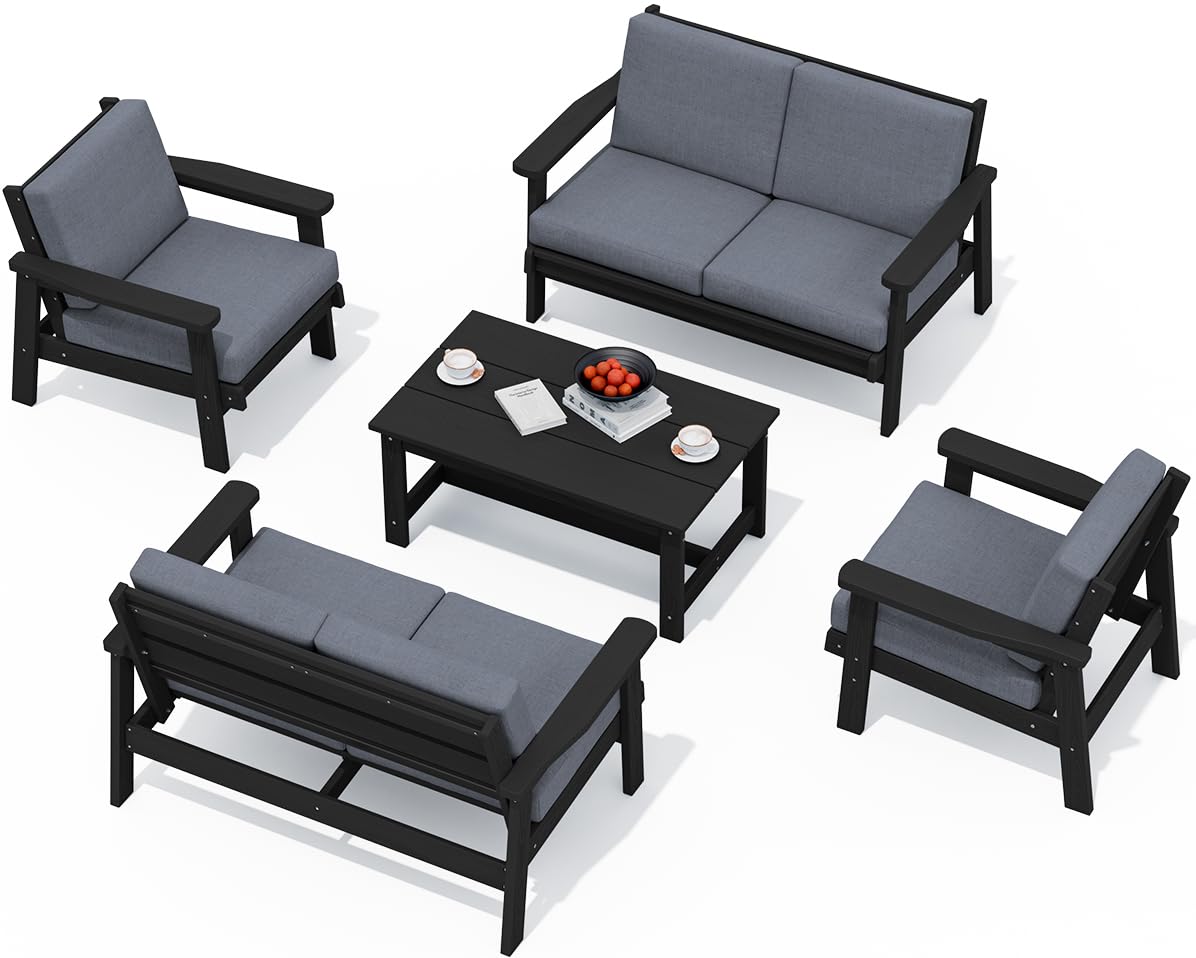SERWALL HDPE Patio Furniture Set 5 Piece All Weather Wood-Like Sectional Outdoor Furniture Set Black Patio Sofa Couch