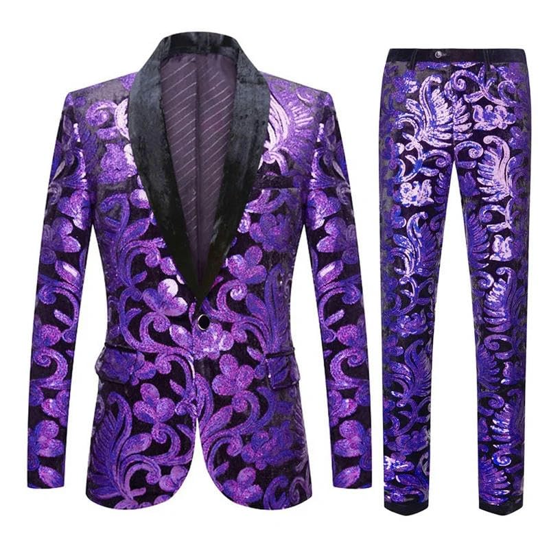 Men Sequin Suit 2 Piece/Blue/Purple Men's Prom Party Stage Blazers Jacket and Trousers Man Singer Party Stage Suit4