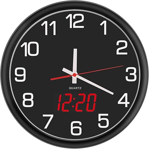 Miniatura 8 de Reloj de pared analógico de 12 pulgadas, silencioso reloj de pared grande de cuarzo sin tictac con luz LED nocturna, reloj de pared decorativo a