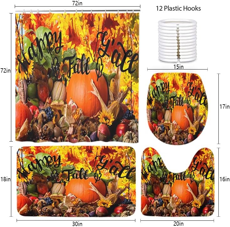 Miniatura 4 de Happy Fall Yall - Juego de cortinas de ducha con diseño de calabaza y frutas otoñales con alfombras antideslizantes, cubierta para tapa de inodoro y