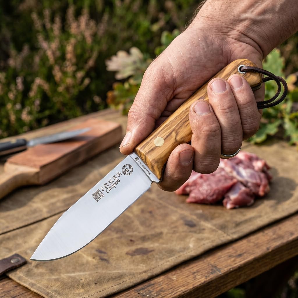 Joker Überlebensmesser BS9 Campero CO112-P, Griff aus Olivenholznholz, Klinge 10,5 cm aus SANDVIK 14C28N, inkl. Lederscheide mit Feuerstahl, Werkzeug zum Angeln, Jagen, Camping und Wandern