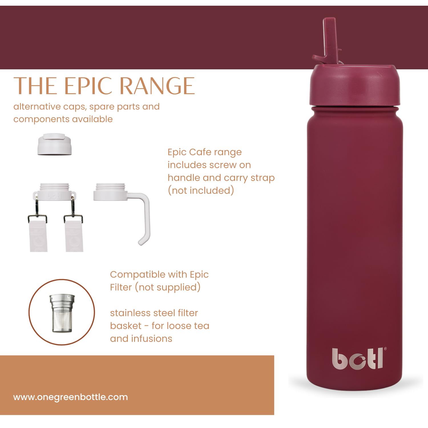 BOTL – Epic Jug – Personalisierte Edelstahl-Wasserflasche, auslaufsicherer Strohhalm-Deckel, isolierte Flasche, 700 ml, Sportverschluss mit internem Strohhalm, personalisierbare Flasche – Kirsche