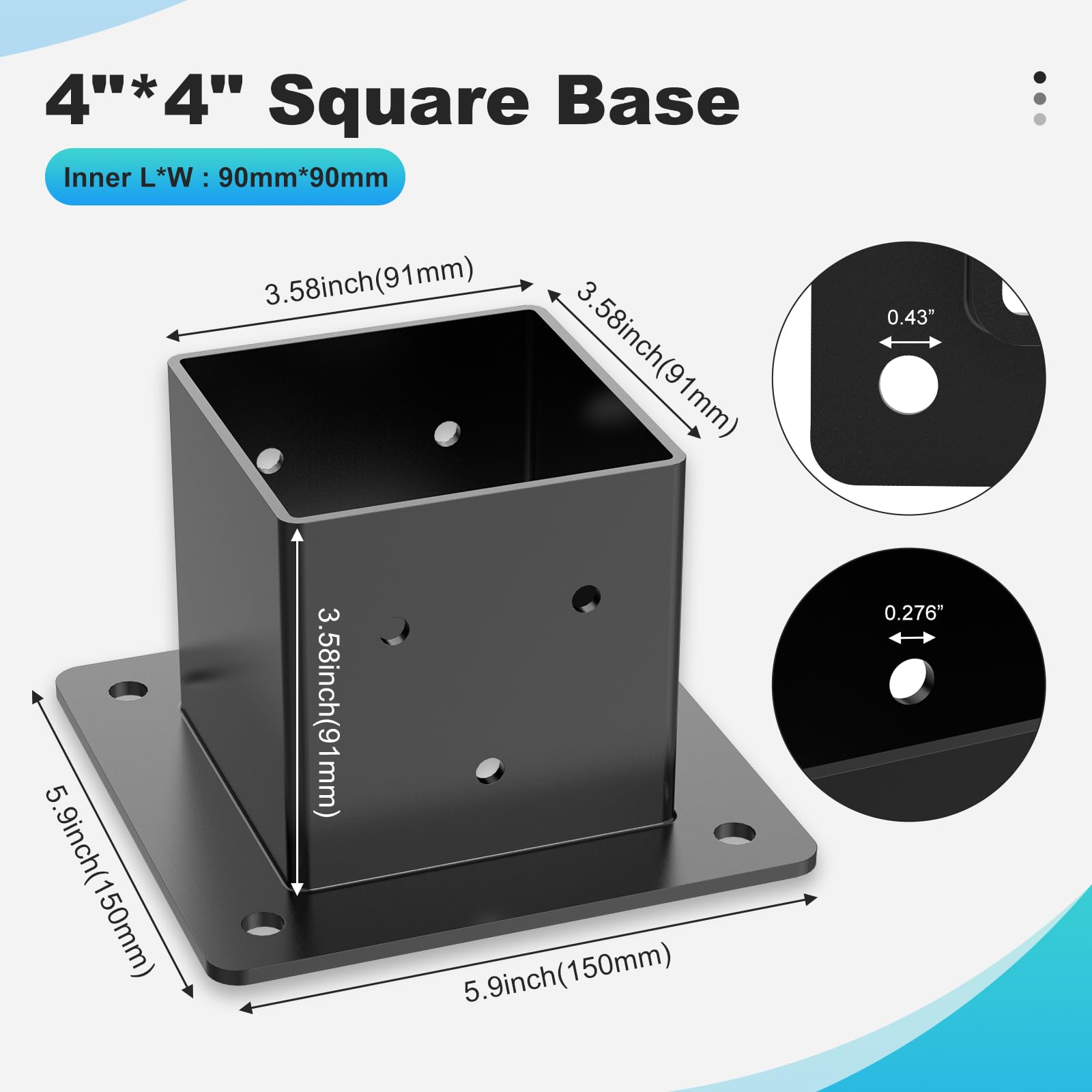 Encreese 4x4 (Actual 3.6x3.6) Post Base Stainless Steel Anchor Base Heavey Duty Post Bracket Square, Screws Deck Railing, Pergola, Porch, Wood Fence Post, Sheds, Ground Holders Support (2pk Black)