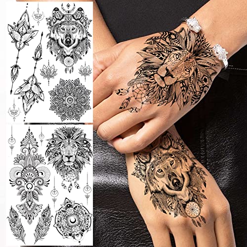 COKTAK 6 Pieces/Lot Unique Black Henna Temporary Tattoo Stickers For Adults Women Girls Feather Mandala Flower Body Art Large Big Arm Tattoos Sheet Lace Indian Mehndi Sexy Wedding Tatoos OWL - Thumbnail 7