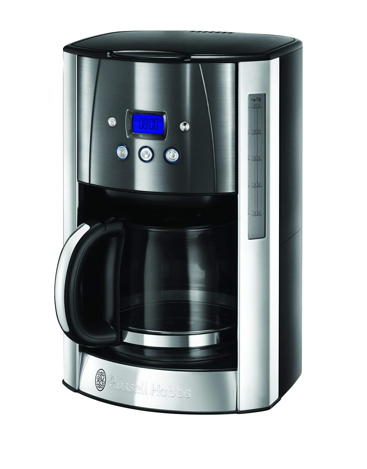 Russell Hobbs Cafetera de Goteo Luna Moonlight - 12 Tazas, Jarra Cristal 1,8L, Programable, Soporte de Filtro Lavable, Tecnología de Rociado Avanzada, Acero Inoxidable, Plata y Gris - 23241-56