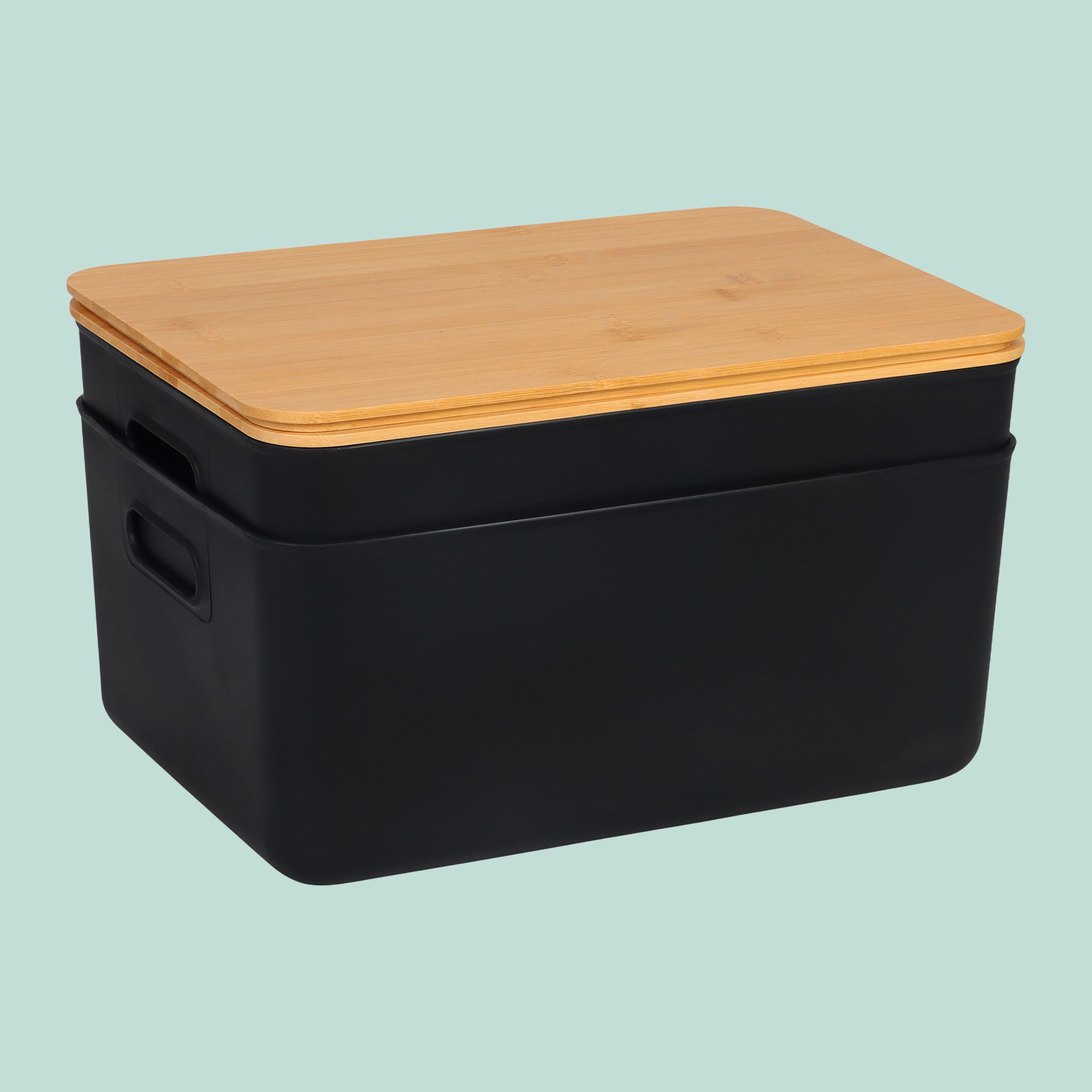 Relaxdays Boîte de Rangement, Lot de 2, Couvercle, poignées, 16 x 36 x 25 cm, Plastique et Bambou, Noir, Maison