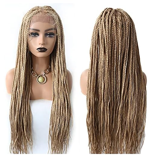 Swiss Lace Braids Wigs For Black Women Front Cornrow Hand Braided Wig With Baby Hair Natural Looking Kanekalon Synthetic Box Braided Wig Fiber Lightweight Cornrow Micro Twist African American Women Braids Wigs. (#27/613M Blonde)