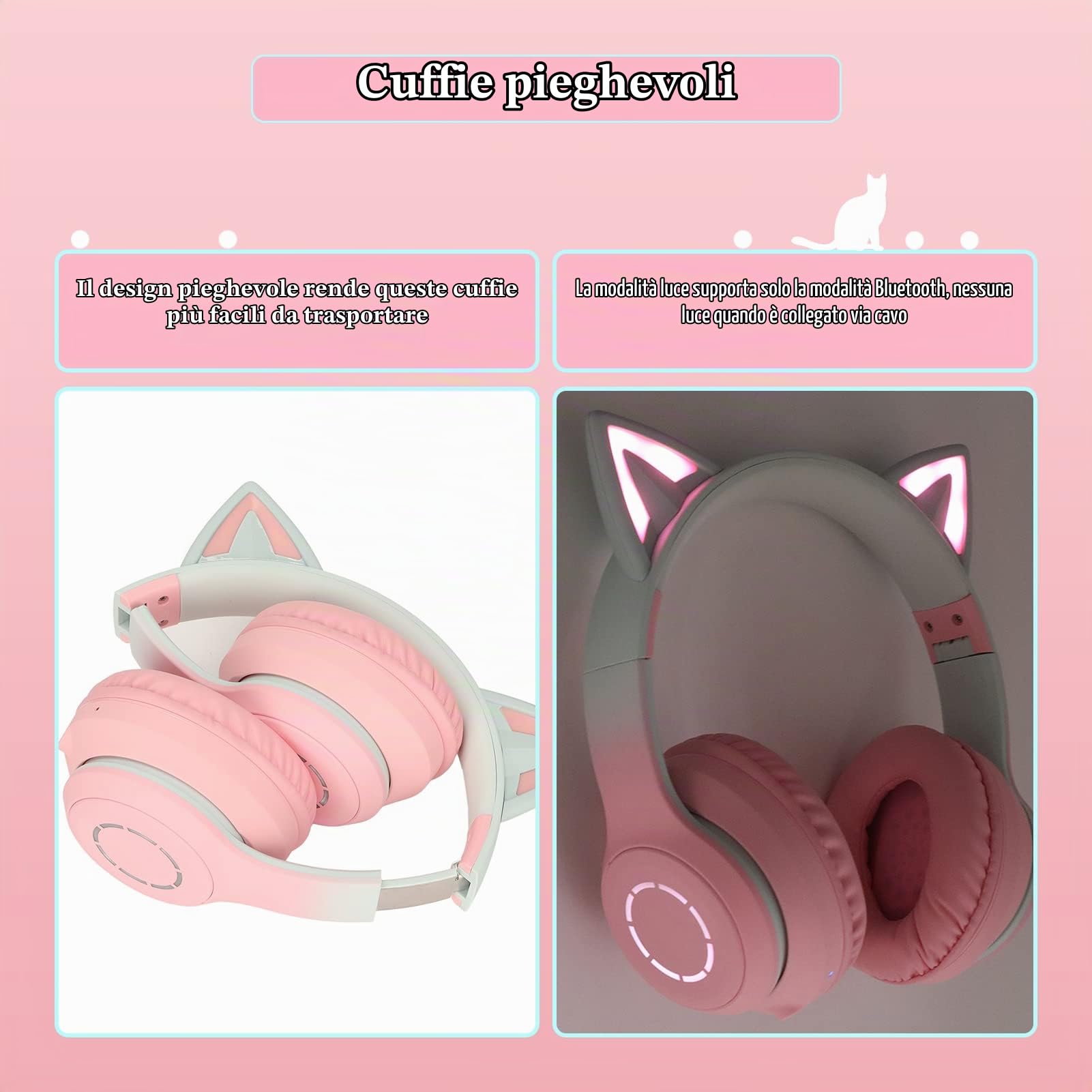 Gugxiom Cuffie Cat Ear, Cuffie da Gioco Wireless Tramite Bluetooth Cavo AUX da 5.1/3.5mm, Cuffie Pieghevoli con Luci LED a 7 Colori e 4 modalità LED per Ragazze, Adulti(Rosa)