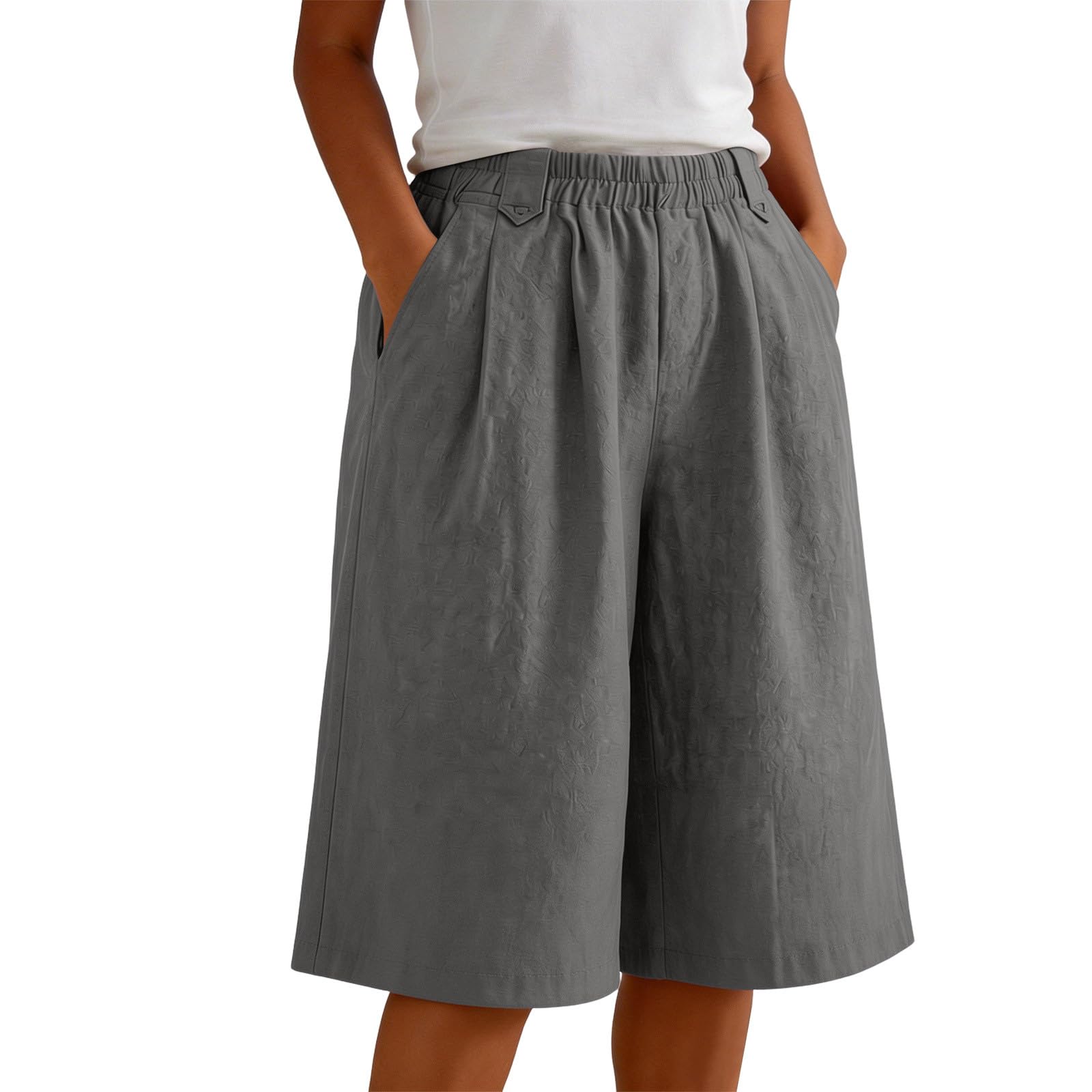 Generisch Damen Leinenhose Kurze 5/4 Hose Sommer Locker Fit Bermudas Große Größen Freizeithose mit Gummizug Weites Bein Stoffhose mit Taschen für Strand Urlaub