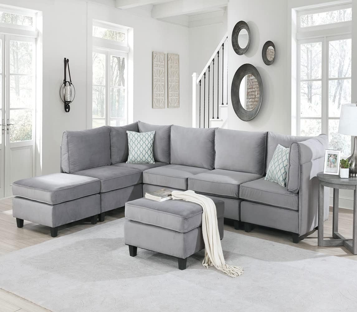 Moulins 7-Piece Contemporary Modular Sectional in Gray Velvet Fabric
