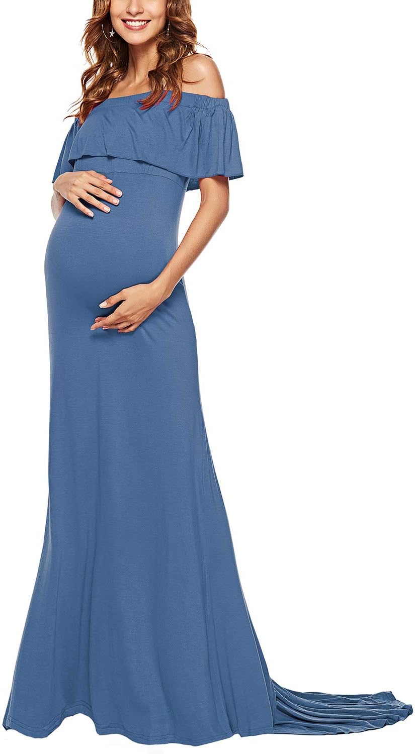 Maternity Photoshoot Gown Long Maxi Off Shoulder Ruffles Maternity Slim Fit Photography Dress Blue L